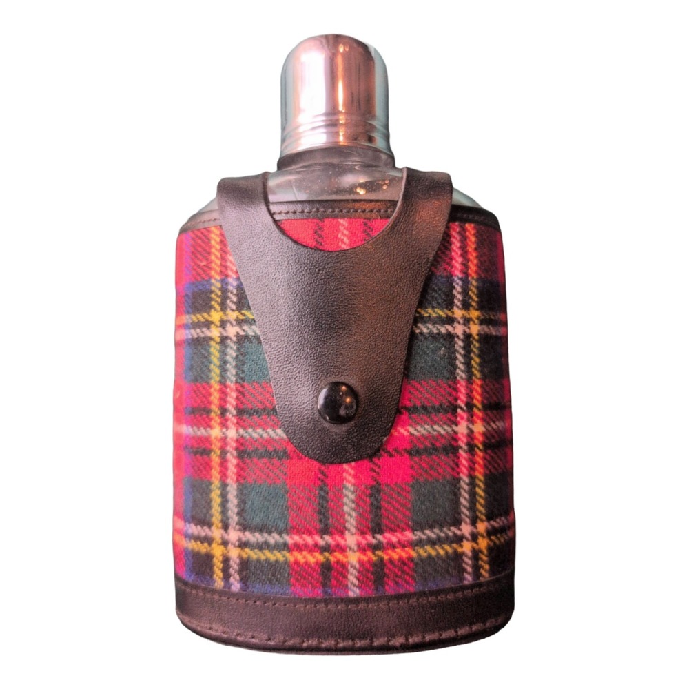 Vintage glass Hip Flask Red Wool Tartan Plaid Top Grain Cow Hide Holster Flaw